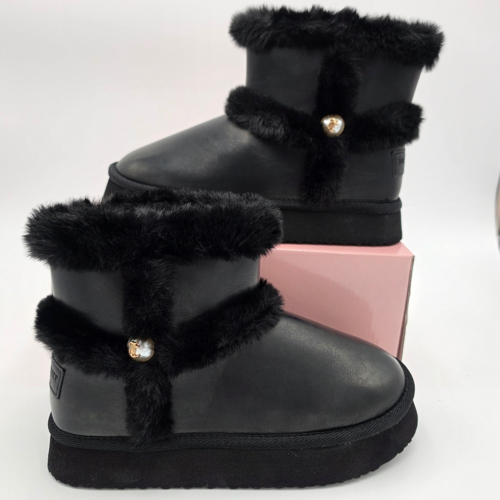 Juicy Couture Ocarina Black Faux Leather Faux Fur Platform Ankle Boots 6 NEW